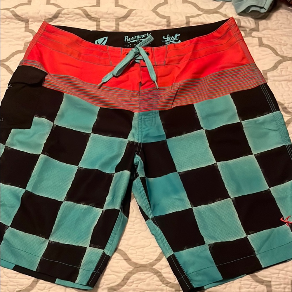 Red and Teal Checkered Board Shorts